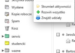 Tworzenie nowego folderu w systemie pocztowym. Aby utworzyć nowy folder należy kliknąć prawym przyciskiem myszy na napis &bdquo;Foldery poczty&rdquo;. Następnie wybieramy opcję: &bdquo;Nowy folder&rdquo;. W okienku dialogowym w polu nazwa podajemy nazwę kojarzącą się z filtrem kt&oacute;ry utworzymy np. Wnioski.