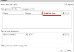 Tworzenie przykładowego filtru antyspamowego. Opisana powyżej metoda rozdzielania/filtrowania wiadomości w systemie ZIMBRA, może być użyta do oddzielania niechcianych wiadomości, kt&oacute;re przedostają się do skrzynki pocztowej użytkownika. System antyspamowy Uniwersytetu Zielonog&oacute;rskiego oznacza prawdopodobną niechcianą wiadomość słowem kluczowym&nbsp;[SUSPECTED SPAM], kt&oacute;re jest doklejane do tytułu wiadomości. Dlatego też, w prosty spos&oacute;b, można utworzyć filtr oparty o ten właśnie klucz.